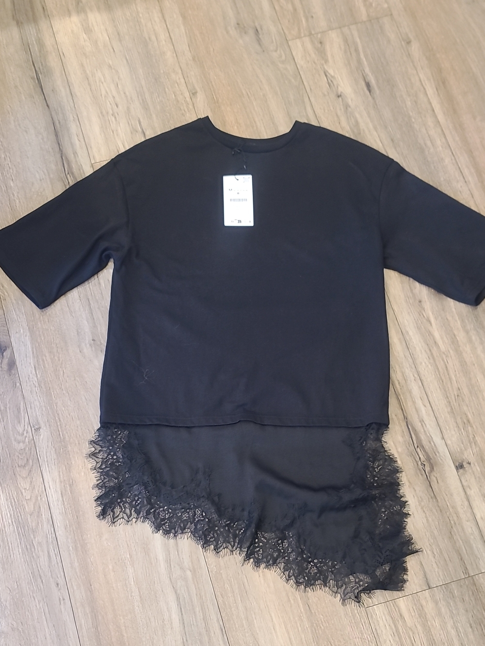 Zara Lace Combination Asymmetric Hem T-Shirt Dress Black Medium NWT